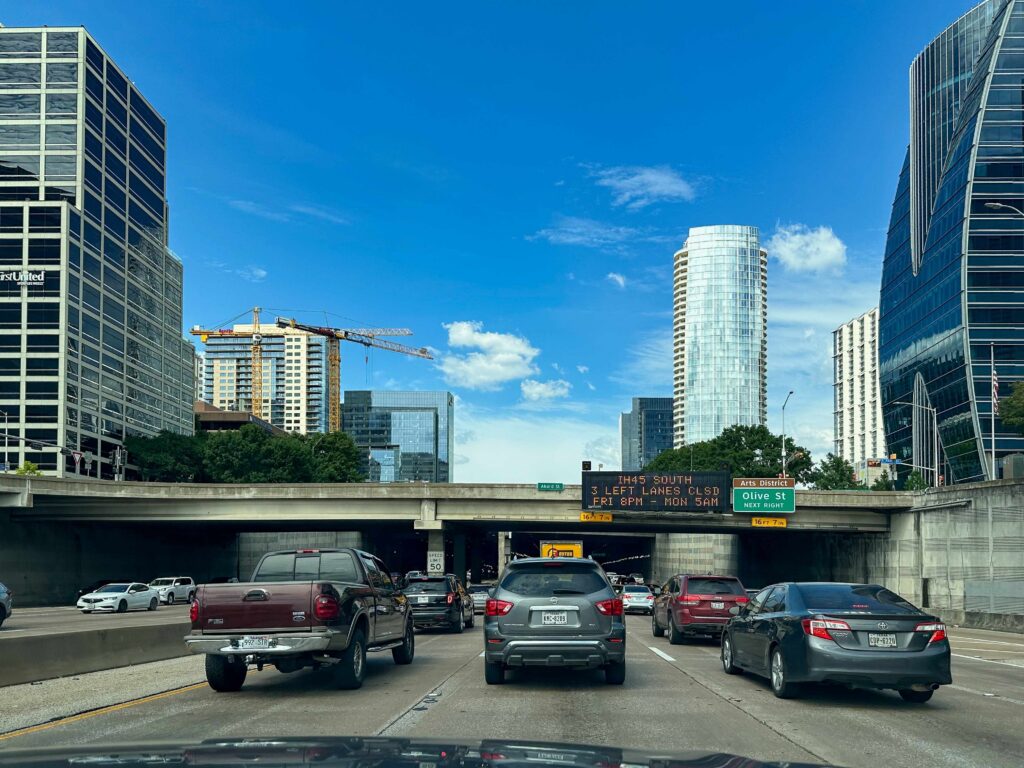Dense mixed traffic of trucks and cars on a Texas highway