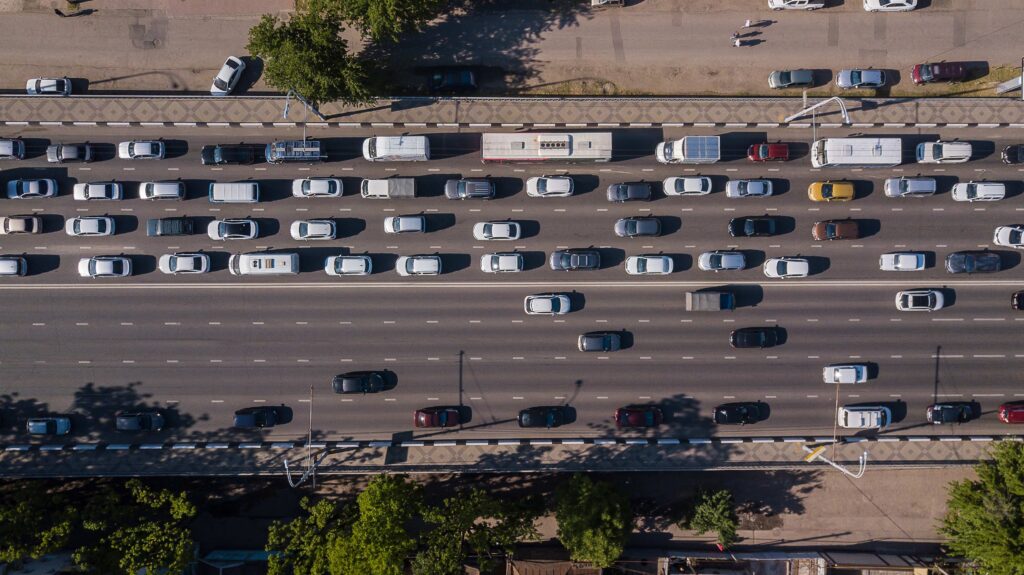 Aerial view of congested multi-lane highway traffic